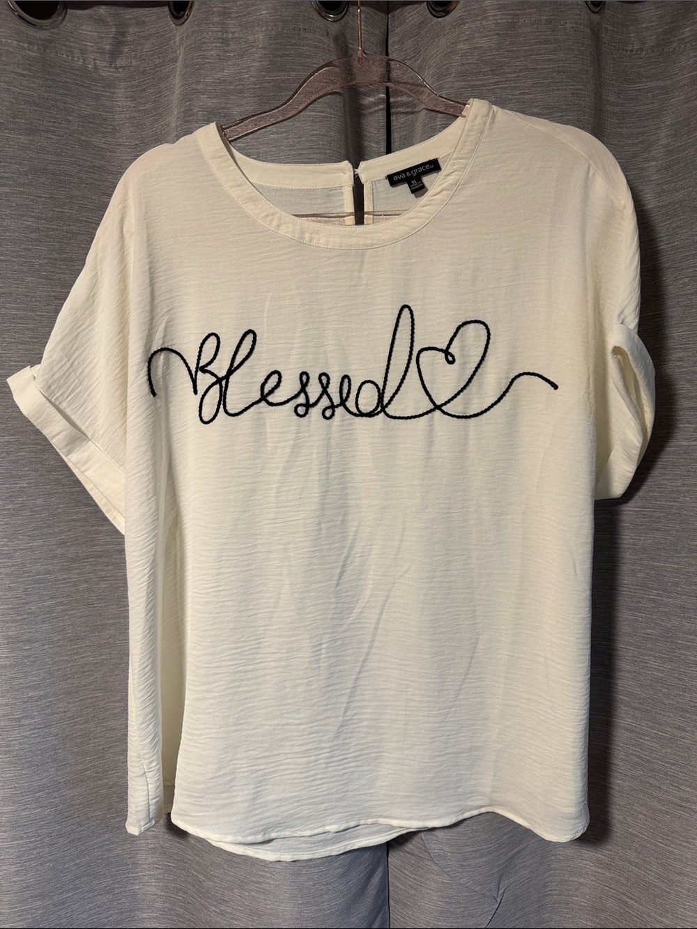 Ava & Grace Cream Short Sleeve Tee with Black 'Blessed' Script